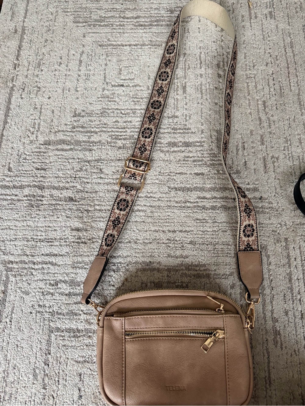 Taupe Crossbody Bag with Patterned Strap